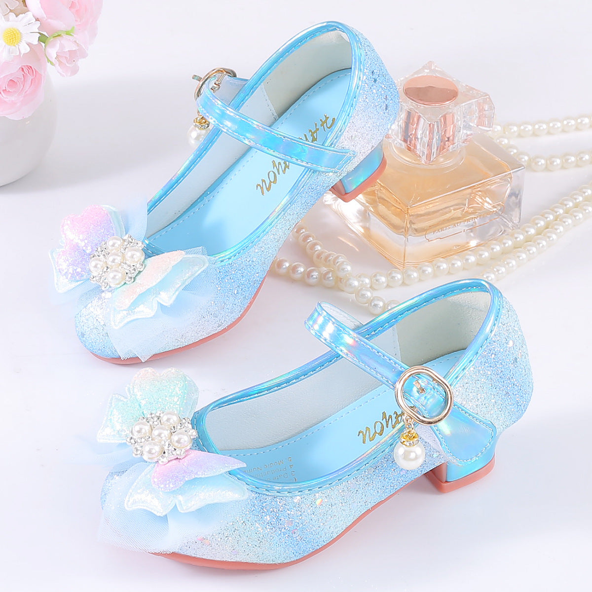 2025 New Lace Bow Girls' Shoes Children's High Heel Princess Shoes Fashion Korean Style Sequined Rainbow Color Shoes