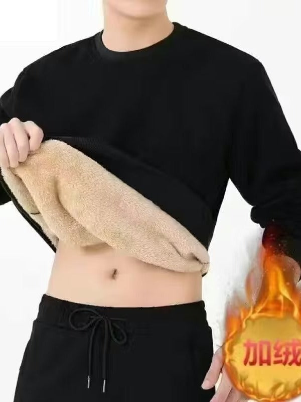 Autumn and Winter Velvet Thickeneded Sweatshirt Men's Lamb Velvet Round Neck Black Bottoming Loose Thermal Intimates Men's Top