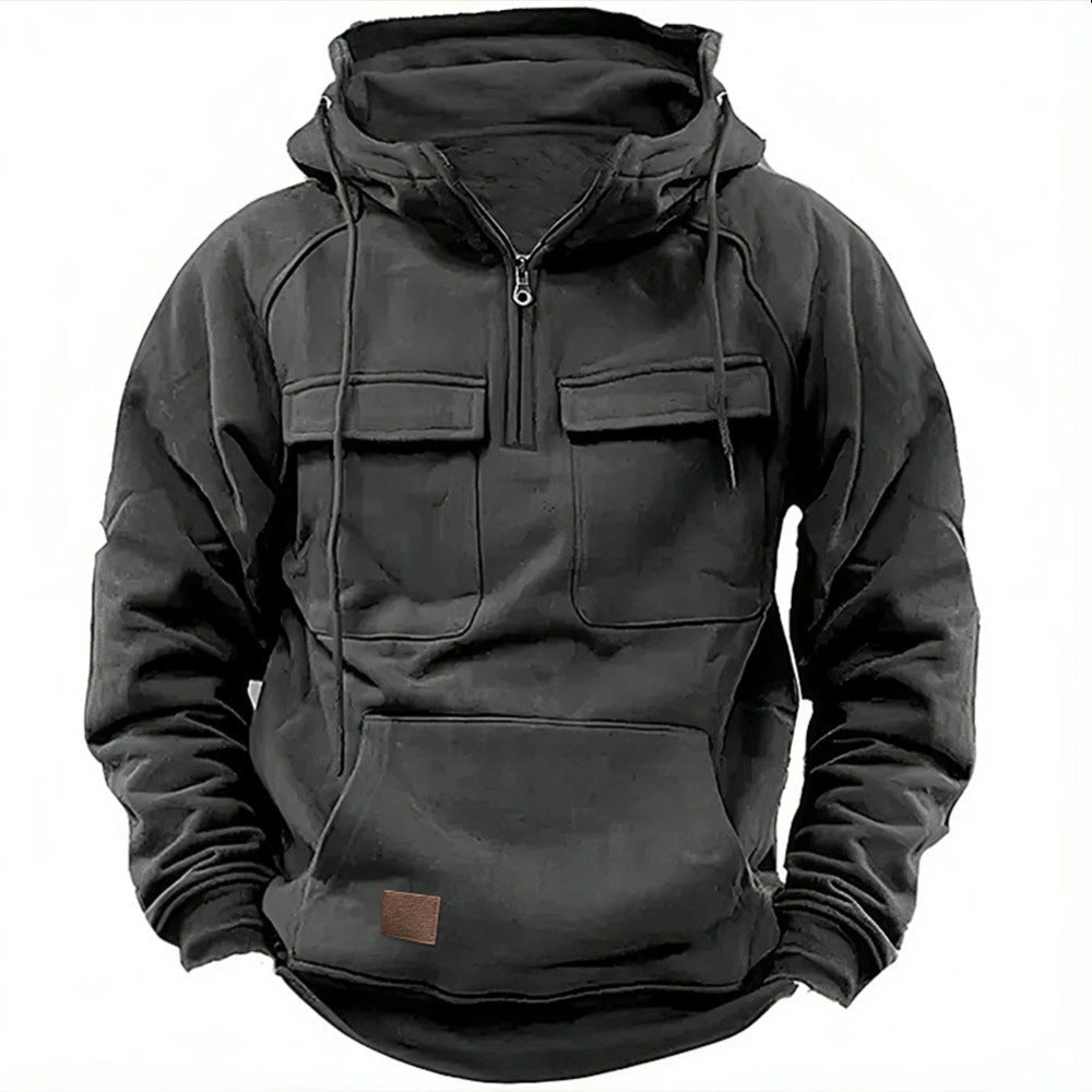 Cross-Border Men's Half-Zip Hooded Sweatshirt, Retro Workwear with Multiple Flap Pocket Pantss, Loose Casual Pullover Hoodie