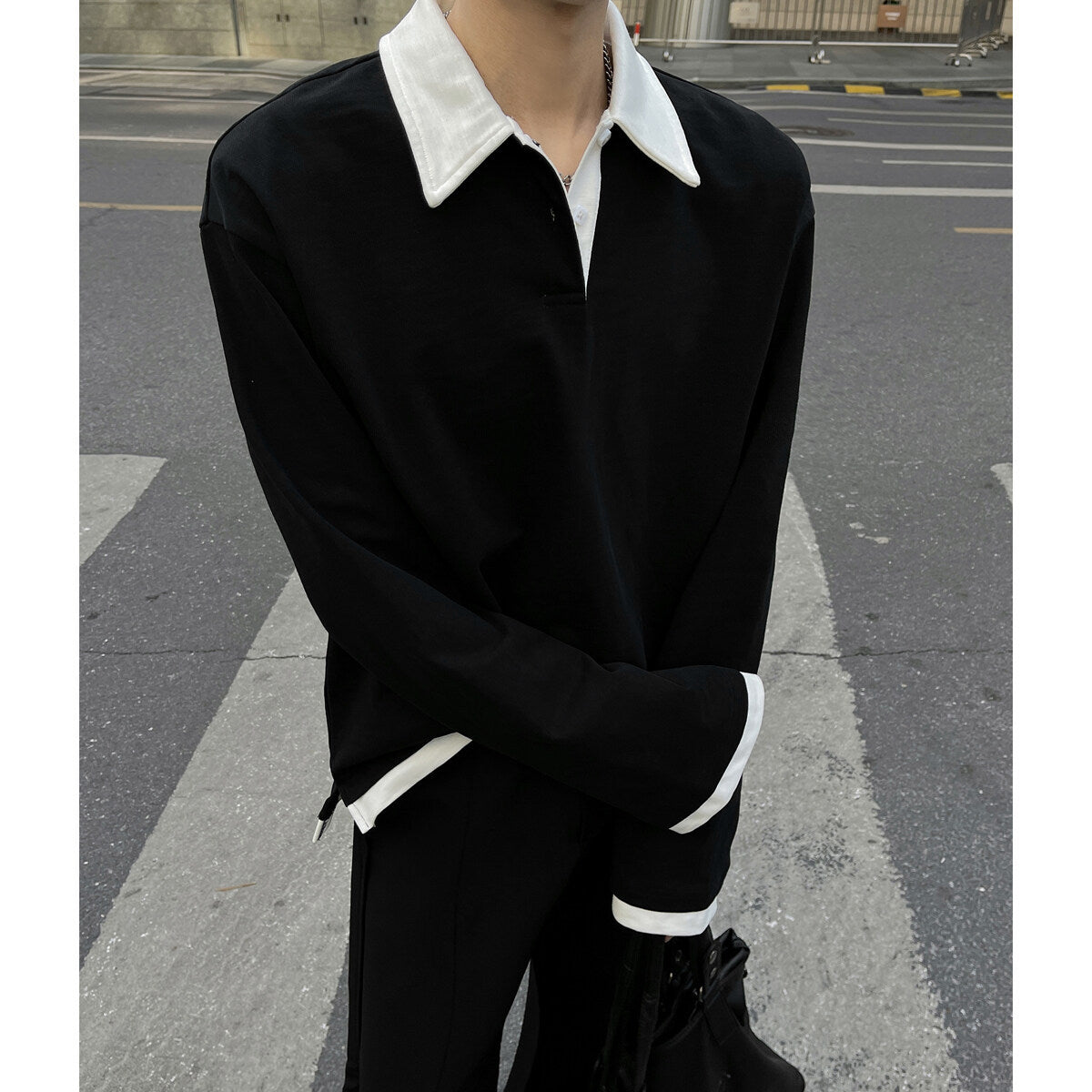 INTFEDAY American-style cleanfit Fake Two-piece Patchwork Lapel Sweaters Men's Dark Design plus size Long Sleeve