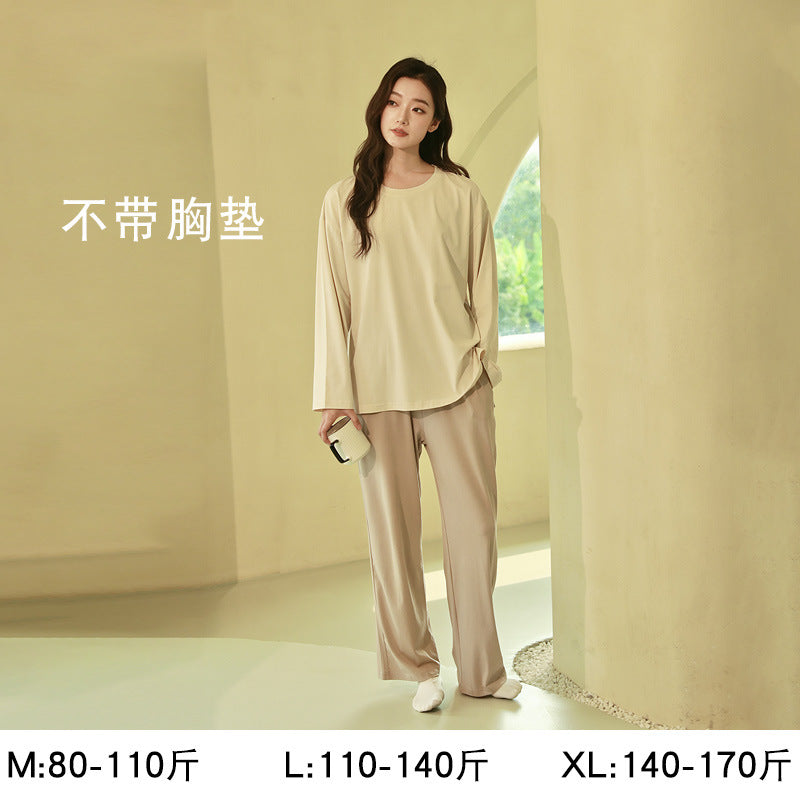 Women's Pajamas, Pure Cotton, Spring and Autumn Long-Sleeved Set, Large Size, High-End Striped Design, Can Be Worn Outside, with Chest Pads, Home Wear