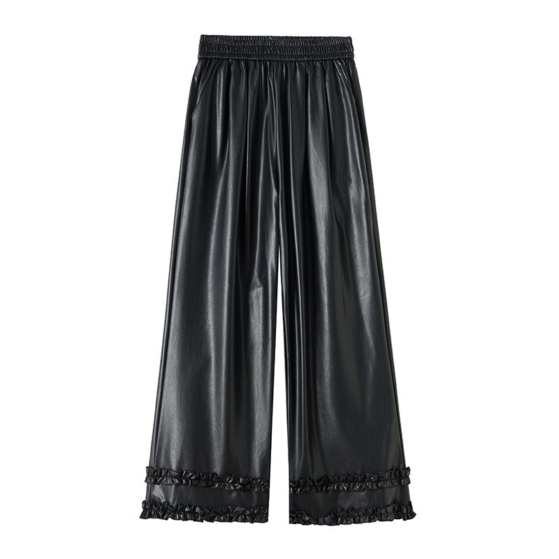Double-Layer Ruffled Leather Pants for Women 2025 Autumn and Winter Popular High-Waisted Fashion Casual Pants Soft Pu Leather Trendy Cool Wide-Leg Pants