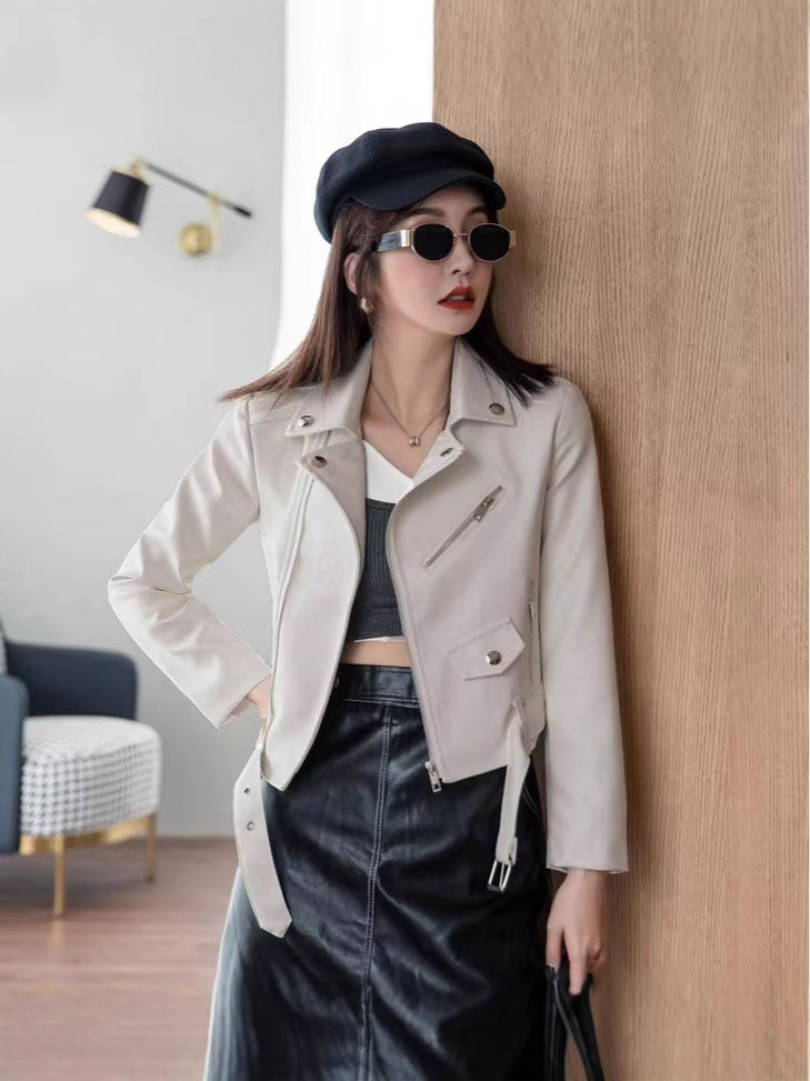 Women's Short Leather Jacket for Spring and Autumn, Motorcycle Pu Leather Jacket, Slim Fit, Plus Size, Student Style, Small Lapel, European and American Style