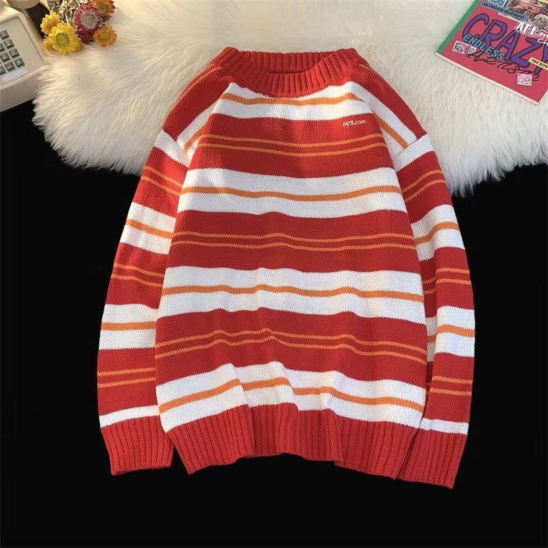 Simple Japanese Trendy Sweater Pullover Spring Long Sleeve Round Neck Men's Striped 2023 New Elegant Casual Sweater