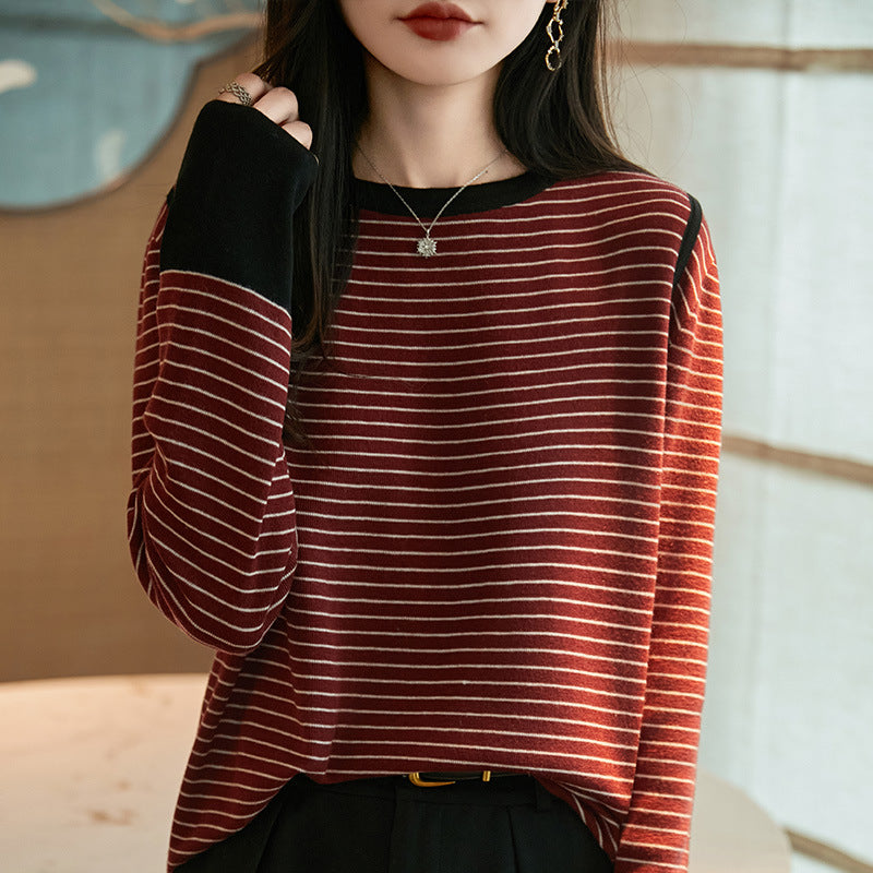 French-Style Color-Block Striped Fine-Knit Wool Sweater for Women, 2025 New Model, Loose Fit, Slimming, Long-Sleeve, Warm Base Layer Sweater