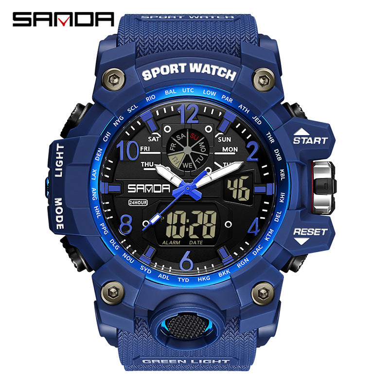 Sanda Hot-Selling Watch Korean Version Student Party Multi-Functional Waterproof Alarm Clock Electronic Watch Cool Dual Display Luminous Sports Watch