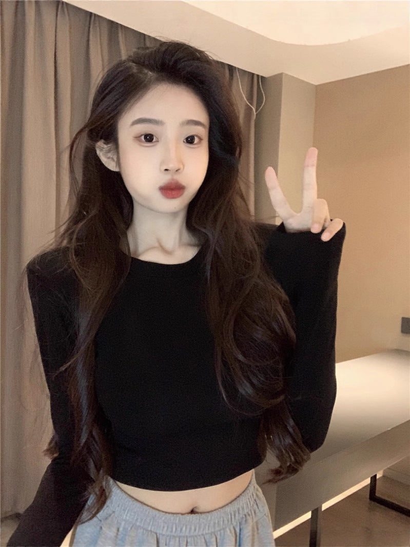 Trendy Spicy Girl Backless Long-Sleeve T-Shirt with Hollow Design for Women, Autumn Inner Wear Crop Top
