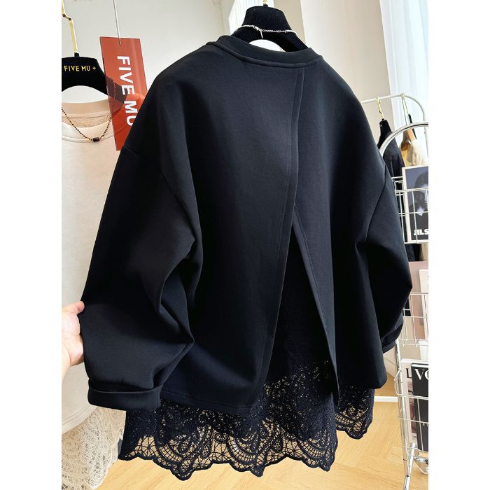 2024 New Lace Stitching Fake Two-piece Pullover Crewneck Sweaters Women's Spring and Autumn Lazy Style American Loose Top