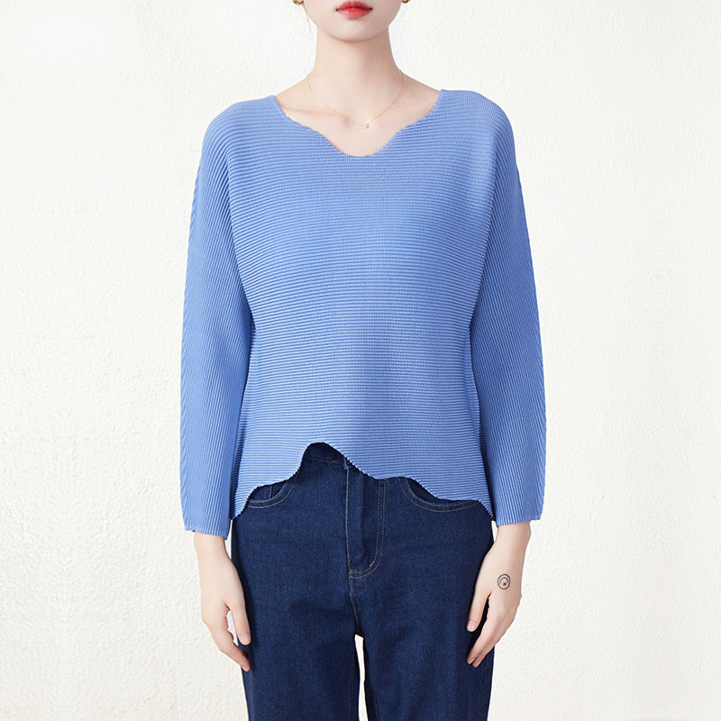 Pleated Long-Sleeved Top for Women, Miyake Spring/Summer, Loose Round-Neck T-Shirt, Solid Color Base Shirt, Breathable, Lightweight, Short Style