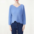 Pleated Long-Sleeved Top for Women, Miyake Spring/Summer, Loose Round-Neck T-Shirt, Solid Color Base Shirt, Breathable, Lightweight, Short Style