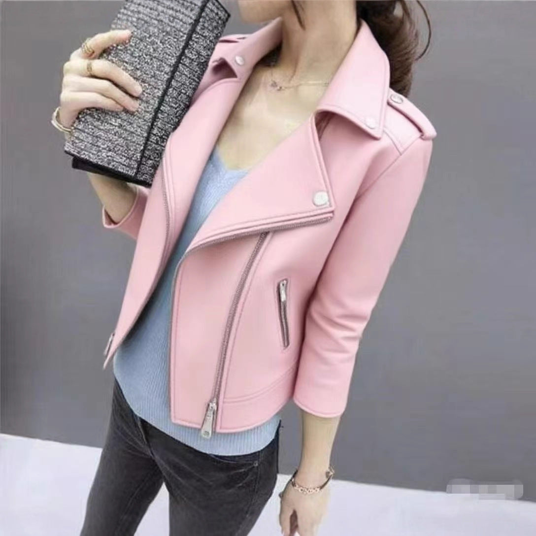 2025 Women's Leather Jacket Autumn Korean Style Slim Fit Motorcycle Pu Leather Casual Versatile Jacket