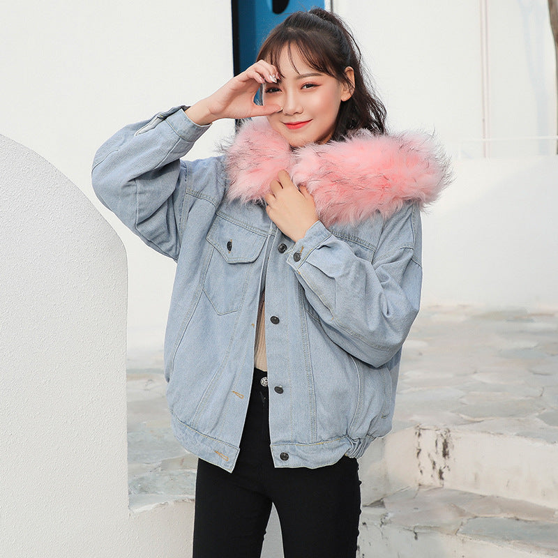 Women's Winter Short Jacket 2026 Korean Style Hooded Cotton-Padded Jacket Thickened Fleece Denim Jacket Women's Winter Thick Cotton Coat