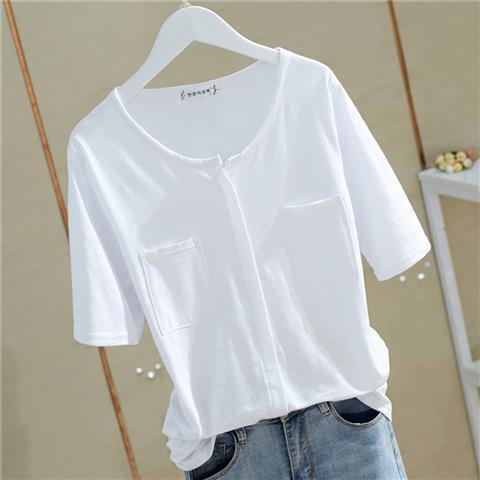 Short-Sleeved T-Shirt for Women in Summer Ins Style Bamboo Cotton Korean Style Cotton V-Neck Loose White Top Bottoming Shirt for Women Versatile
