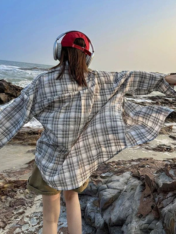 Cross-Border Japanese-Style Women's Autumn Tops Plaid Shirts Thin Sun-Protective Shirts Blouses Cross-Border Popular French-Style Plus-Size Casual