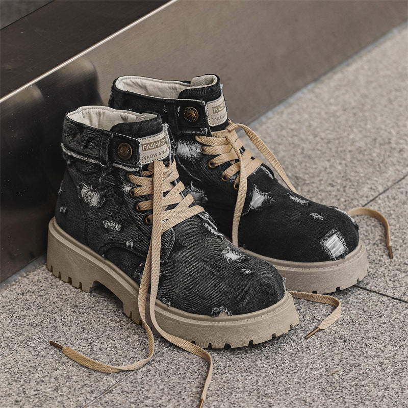 Men's Rip Cowboy Boots Vintage Martin Boots Breathable Ankle Boots Autumn Thick-soled Men's Boots British Style Workwear Single Boots Z32