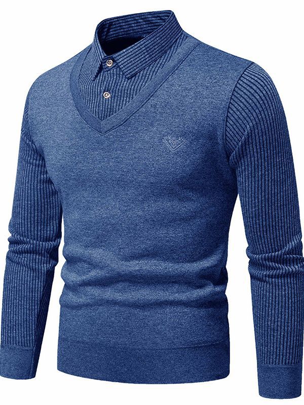 Foreign trade winter men's sweater sweater bottoming shirt fleece-lined fake two-piece shirt collar thickened warm cotton sweater men