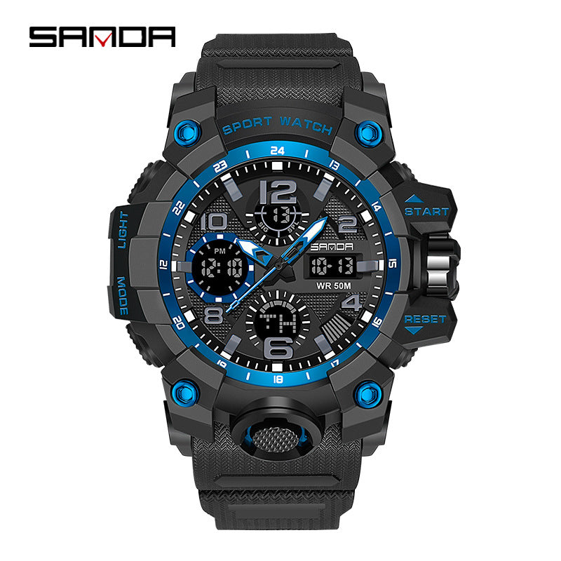 Sanda Hot-Selling Watch Korean Version Student Party Multi-Functional Waterproof Alarm Clock Electronic Watch Cool Dual Display Luminous Sports Watch