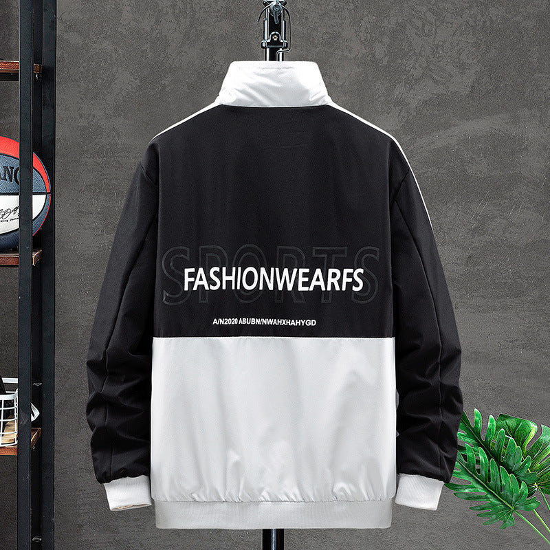 Men's winter casual color block fleece-lined stand collar jacket coat winter long sleeve cardigan zipper lamb 1915