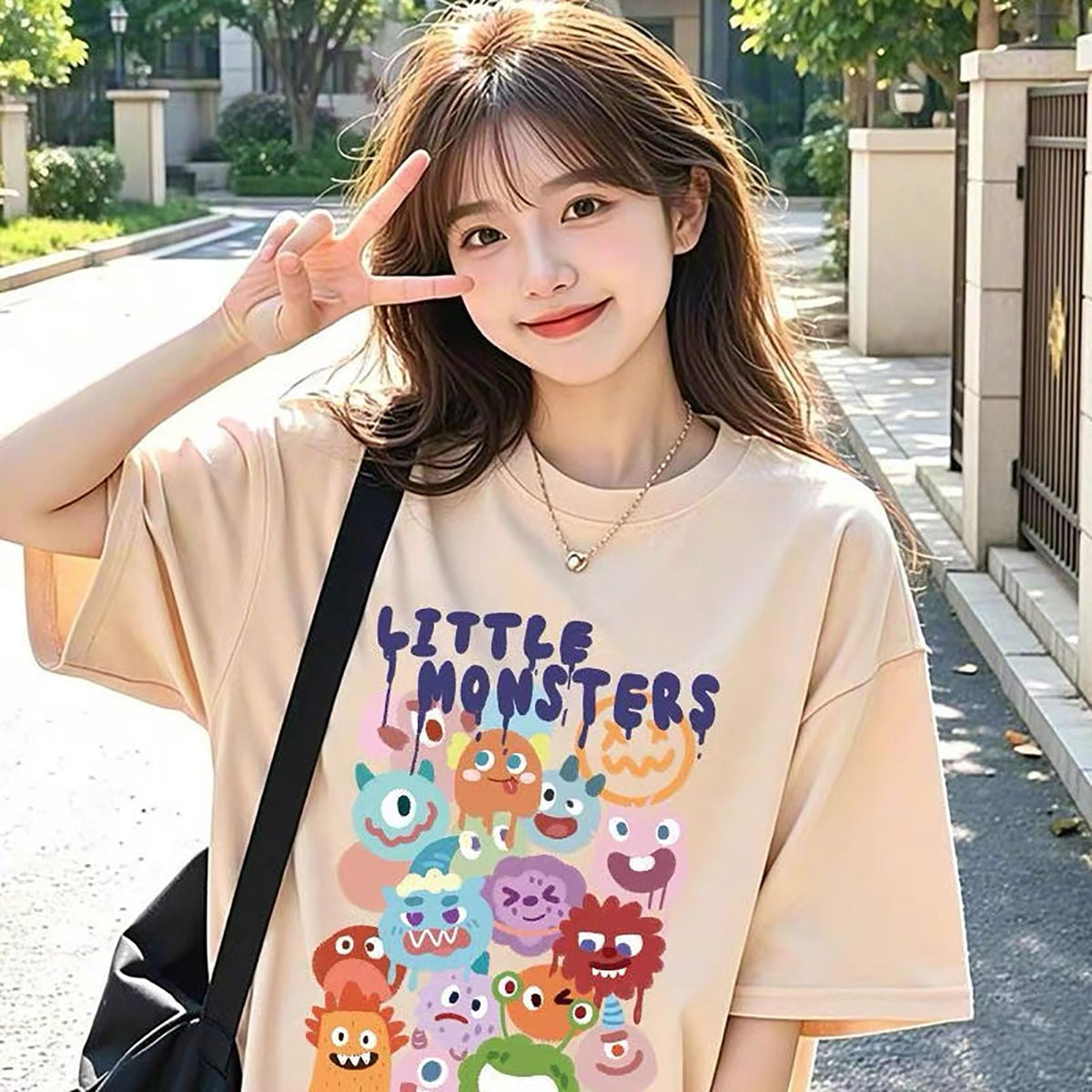 New Summer Short-Sleeved T-Shirt for Women with Printed Cartoon Round Neck Bottoming Shirt Niche Loose Versatile Top Short-Sleeved T-Shirt