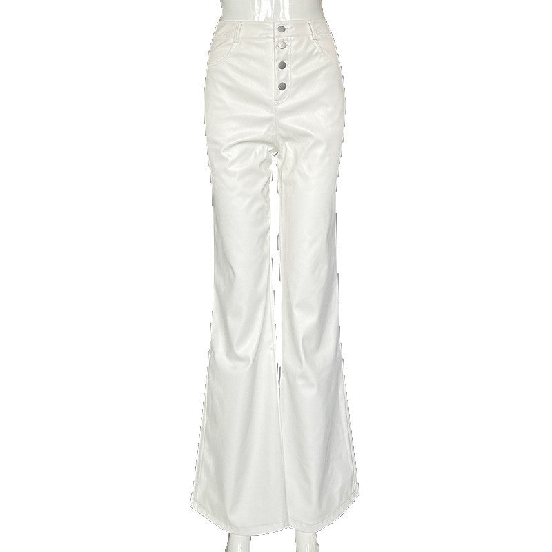 European and American Cross-Border New Products 2025 Autumn Women's Clothing Pu Leather Pure Color High Waist Straight Button Casual Leather Pants Women's Manufacturer Wholesale
