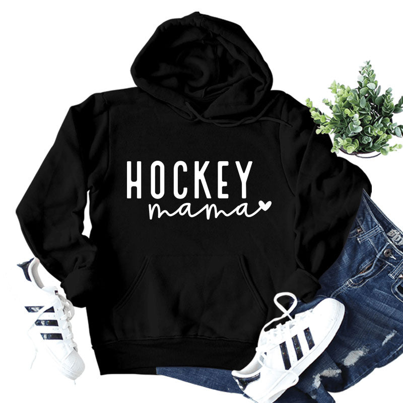 Cross-border autumn and winter European and American women's top hoodie Hockey mama pattern letter printed casual hooded sweater