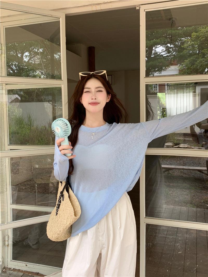 Cross-Border Thin Sun Protection Long-Sleeved T-Shirt for Women in Summer, Loose Suspenders, Air-Conditioned Shirts, Blouses, Layered Inner Tops