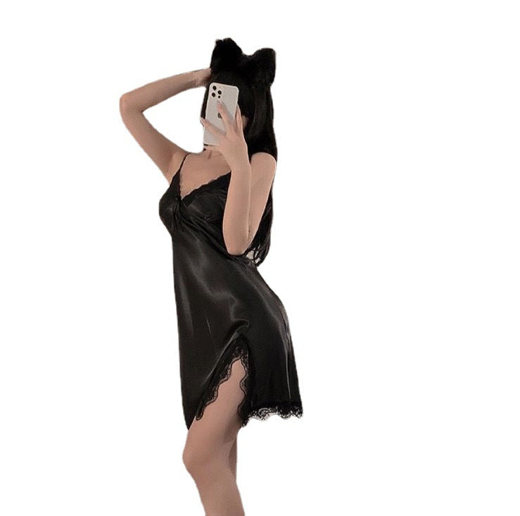 Sexy Pajamas Women's High Elastic Sade Ice Silk Silky Pure Desire Sling Nightgown Women's Hot Summer Home Clothes for Outer Wear
