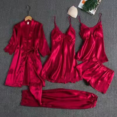 Pajamas Women's Summer Ice Silk Sexy Hot Adult Spring and Autumn Long Sleeve Thin Women's Nightgown Five-piece Suit