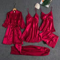 Pajamas Women's Summer Ice Silk Sexy Hot Adult Spring and Autumn Long Sleeve Thin Women's Nightgown Five-piece Suit