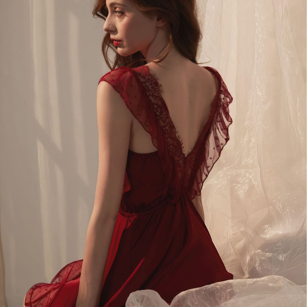 Purely Sensual Silky Slip Nightgown with Sexy Backless Lace Bow, Polka Dot Sleep Dress with a High-End Feel, Loungewear