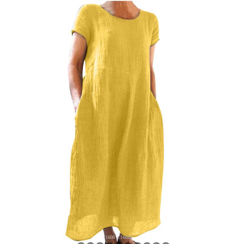 cross-border European and American dress new Chinese style loose solid color large size cotton and linen dress