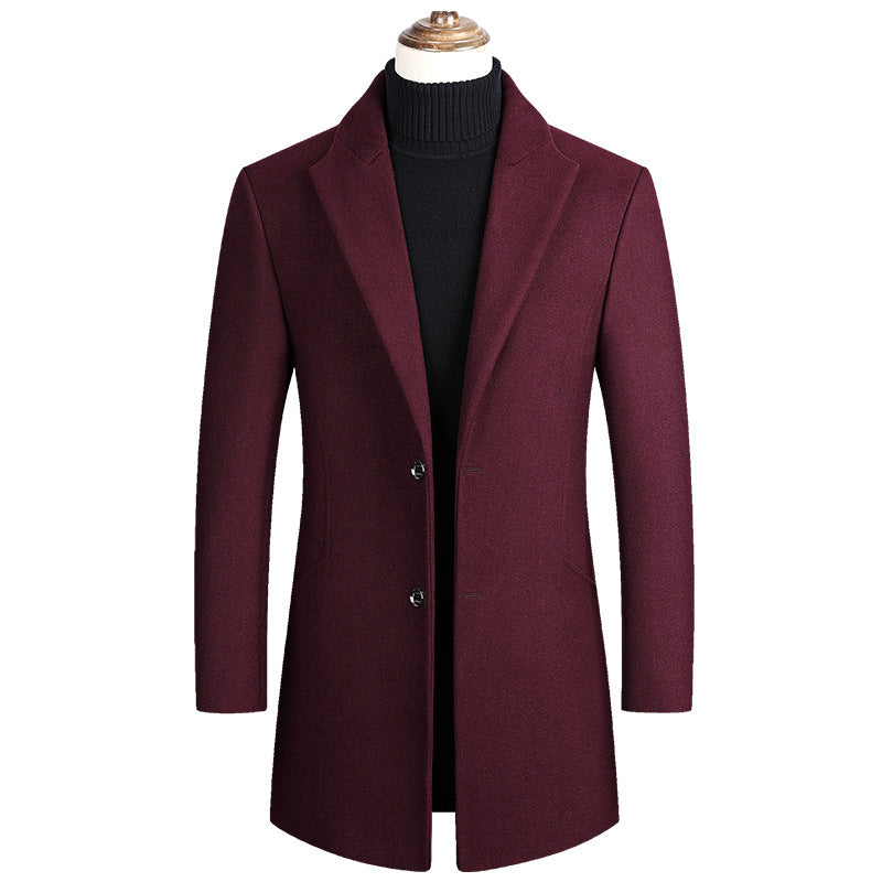 2025 Autumn and Winter Men's Mid-Length Pure Color Woolen Windbreaker European and American Casual Large Size Woolen Jacket Fashionable Men's Clothing