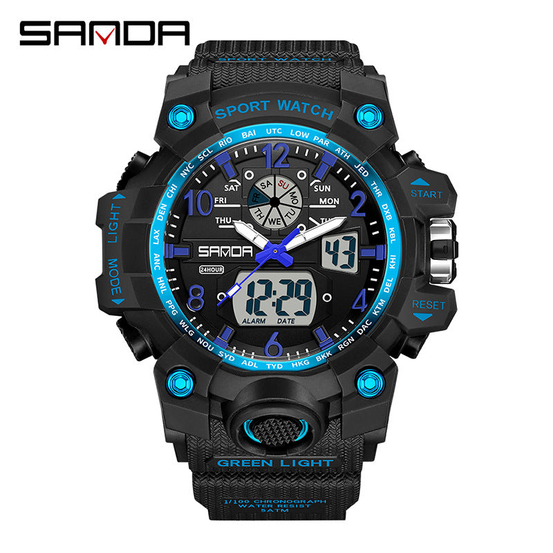 Sanda Hot-Selling Watch Korean Version Student Party Multi-Functional Waterproof Alarm Clock Electronic Watch Cool Dual Display Luminous Sports Watch