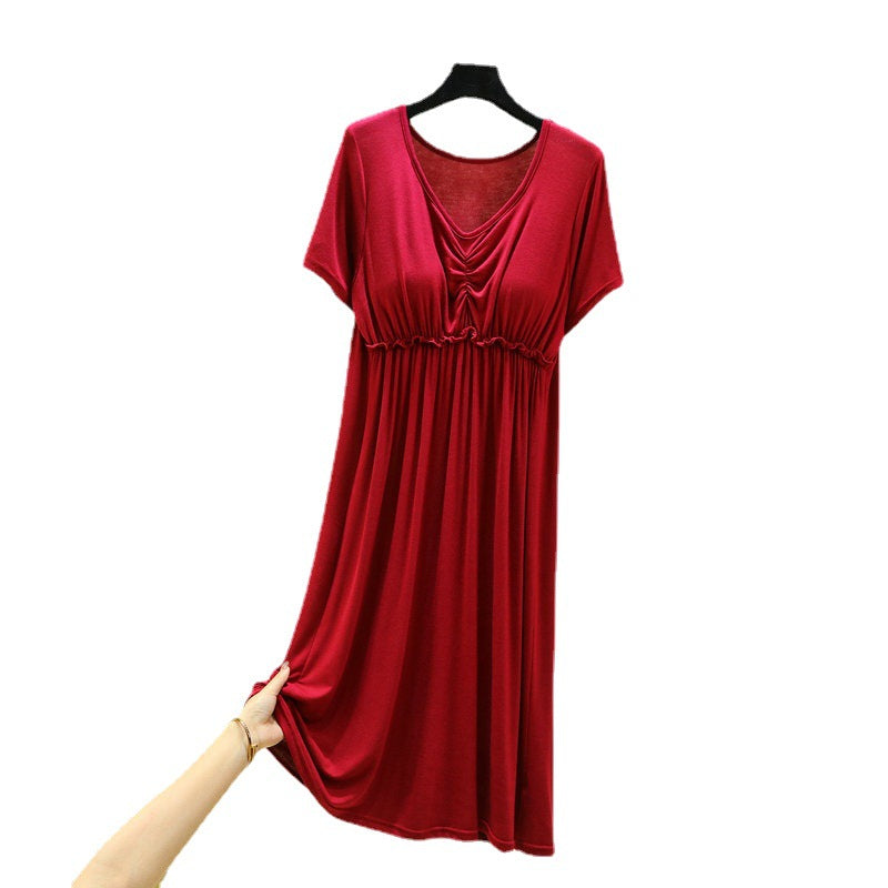 Women's Summer Thin Non-Bra Pajamas with Chest Pad Modal Loose Large Size Short Sleeve V-neck Home Dress