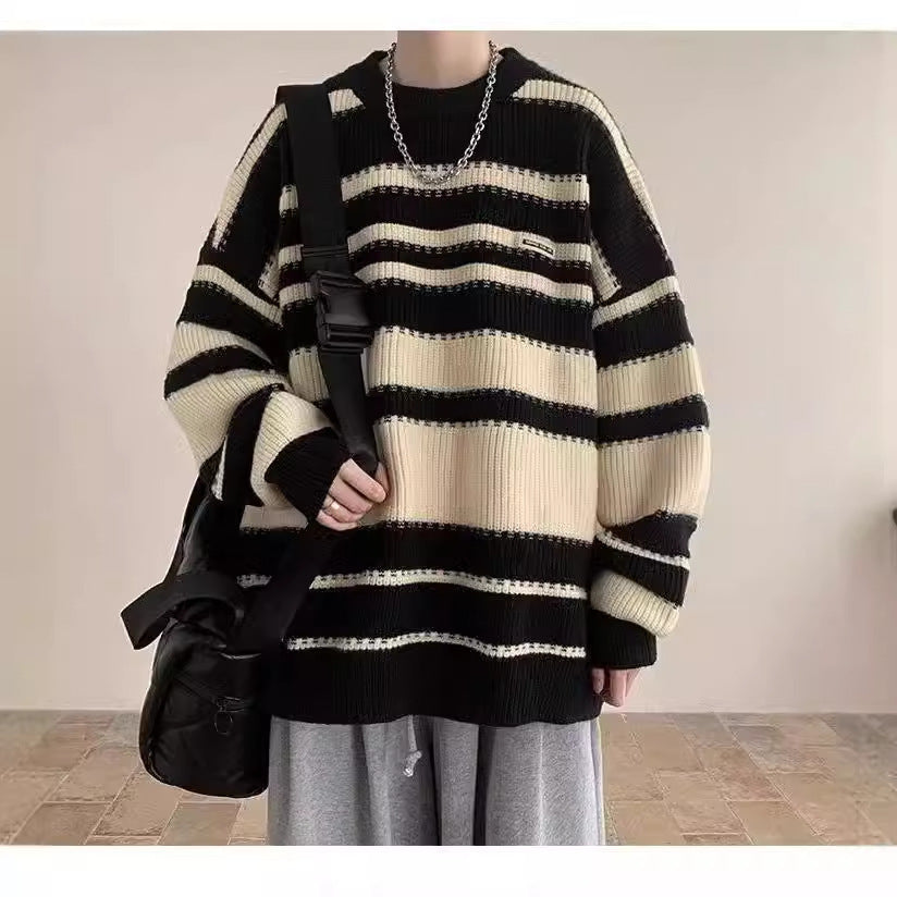 Autumn and Winter New Men's Sweater Loose Round Neck Striped Sweater Men's Fashionable Contrast Color Pullover Warm Top Clothes