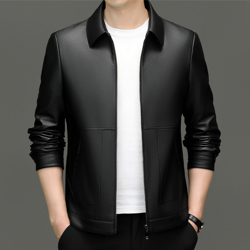 Leather men's 2024 autumn and winter new fleece-lined thickened lapel pu leather jacket coat protein ecological leather men's