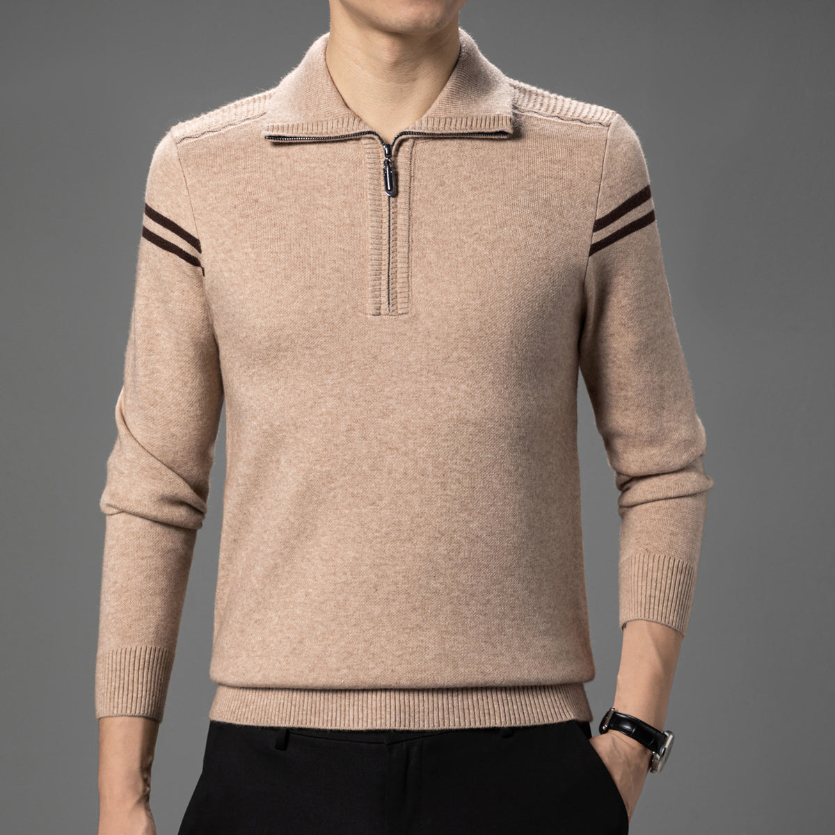Half-Zip Knit Sweater for Men, Autumn and Winter Style, Men's Sweater for Middle-Aged Dads, Long-Sleeve Pullover, Solid Color Base Layer