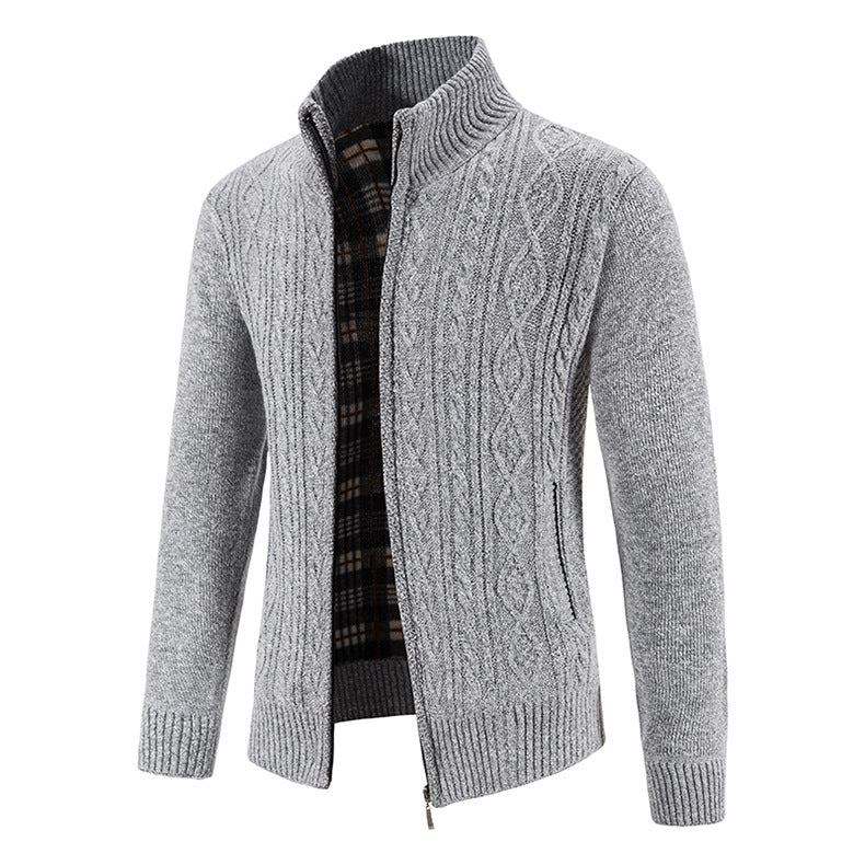 2024 new autumn and winter men's plus velvet sweater cardigan large size foreign trade stand collar fashion jacket coat men's sweater