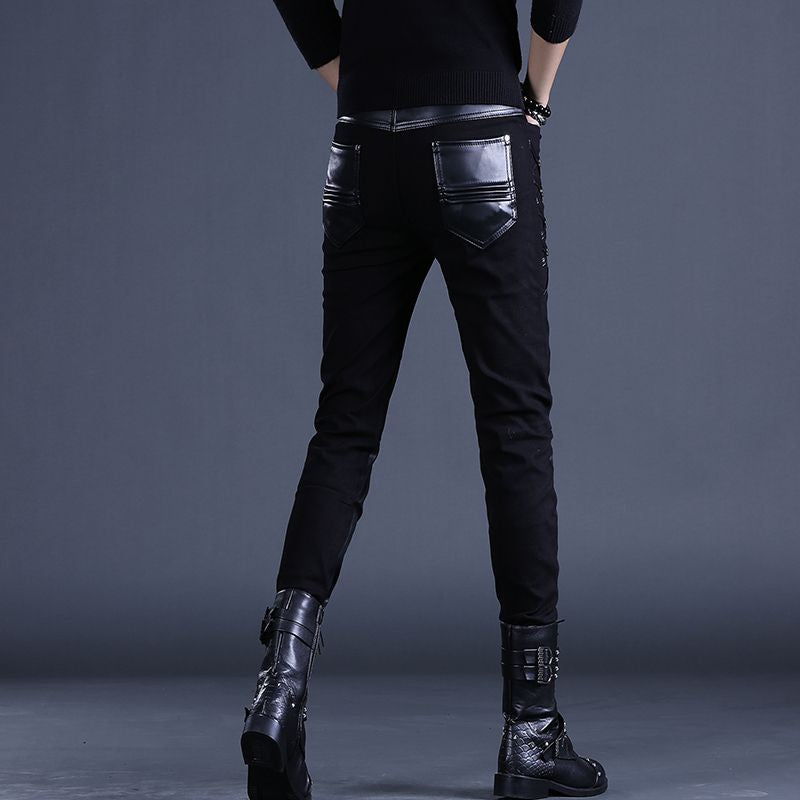 Motorcycle Half Leather Windproof Leather Pants Men's Trendy Brand Slim-fit Casual Pants Personalized Men's Pants