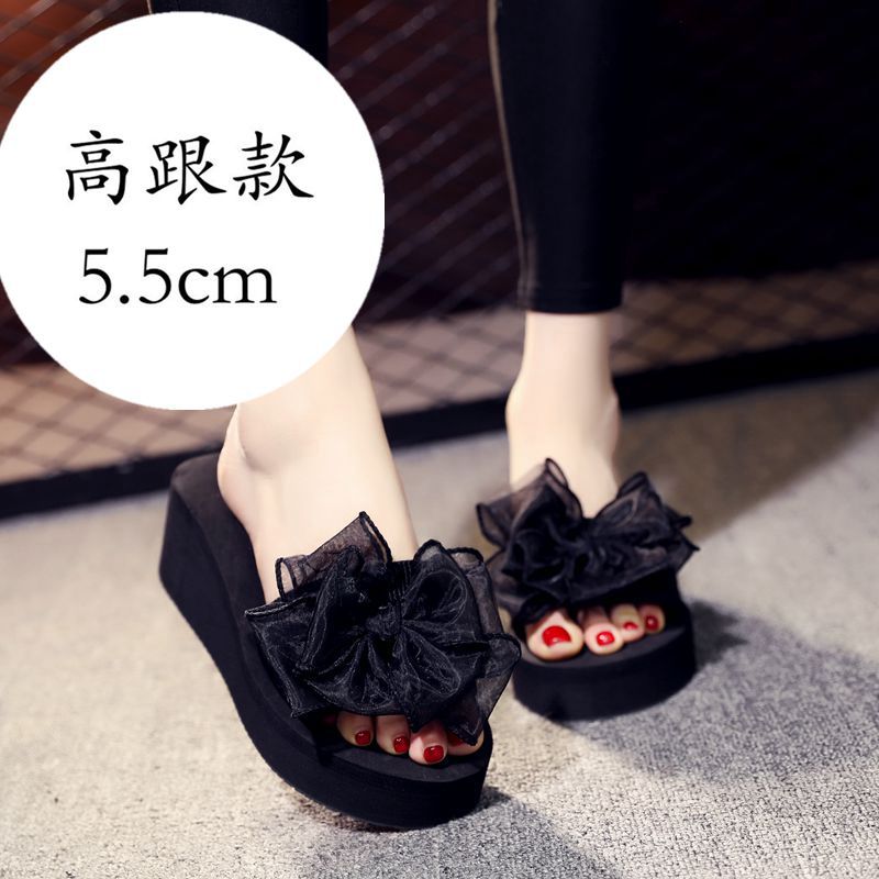 Mid-summer high-heeled slipper butterfly flower women's beach shoes thick-soled sandals and slippers Korean-style non-slip slippers for women