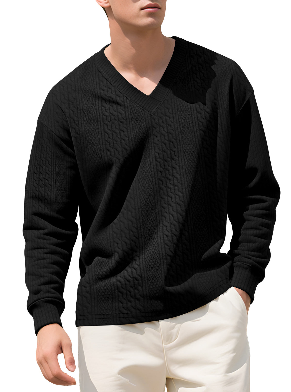 Amazon Cross-Border European and American Spring and Autumn Men's Jacquard Solid Color Base Shirt Loose Casual V-Neck Long-Sleeve Knit Sweater for Men