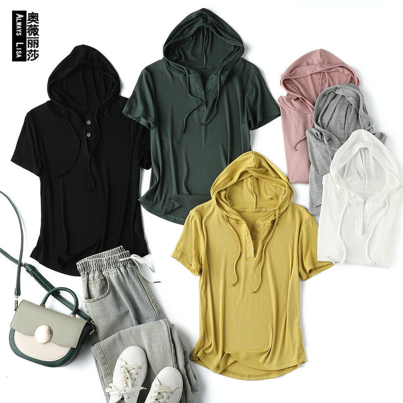 Modal thread short-sleeved hoodie T-shirt women's spring/summer plus size loose bottoming shirt slimming sun protection thin top