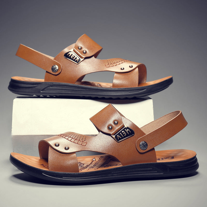 Sandals Men's 2025 Summer New Men's Soft Leather Casual Beach Shoes Two-Wear Fashion Slippers Polyurethane Sole Shoes