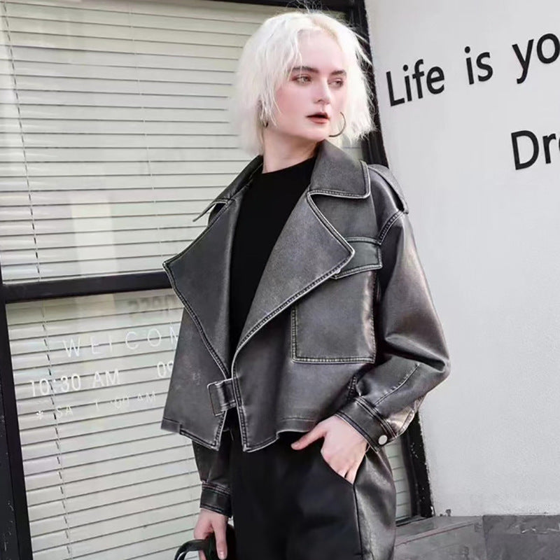 Vintage Leather Jacket Women's Short Korean Loose Motorcycle Leather Jacket New Fashion Hong Kong Style Old Puleather Jacket