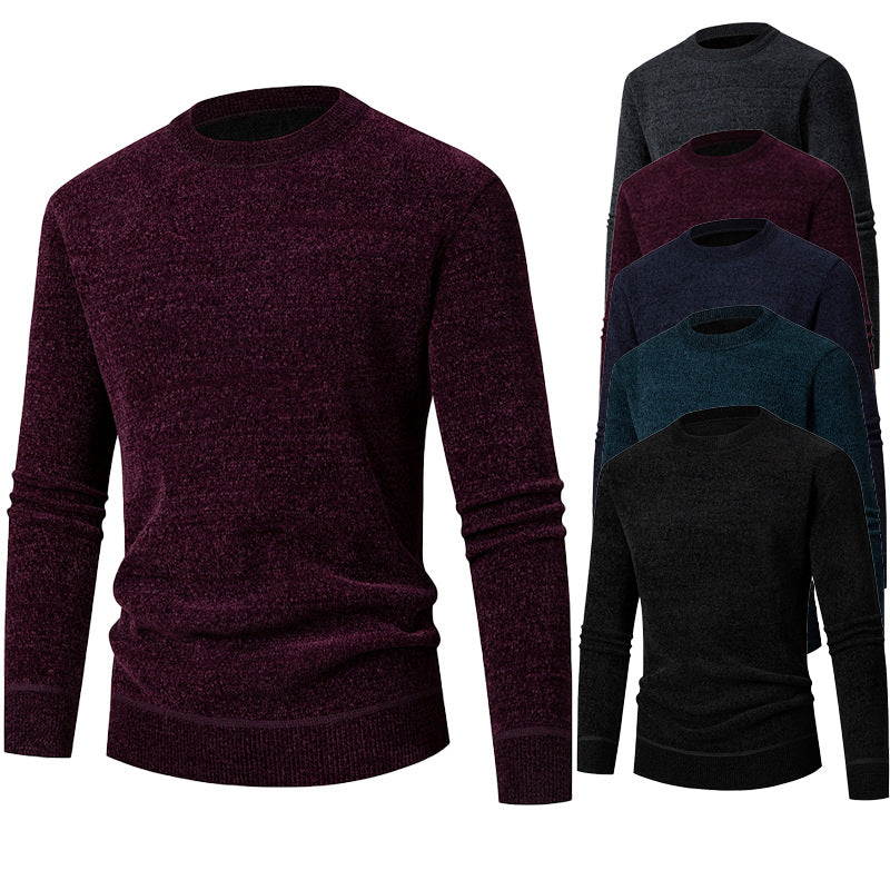 2024 Amazon Foreign Trade Winter Men's Business Casual Chenille Sweater Crewneck Long Sleeve fleece-lined Base Shirt