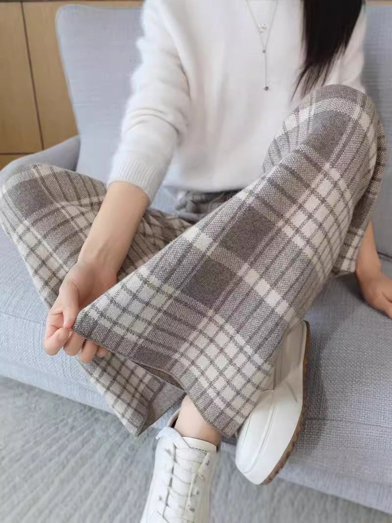 24 Autumn and Winter New High Waist All-match Casual Wide-leg Pants Women's Straight Loose Plaid Trousers 100 Wool Thickened