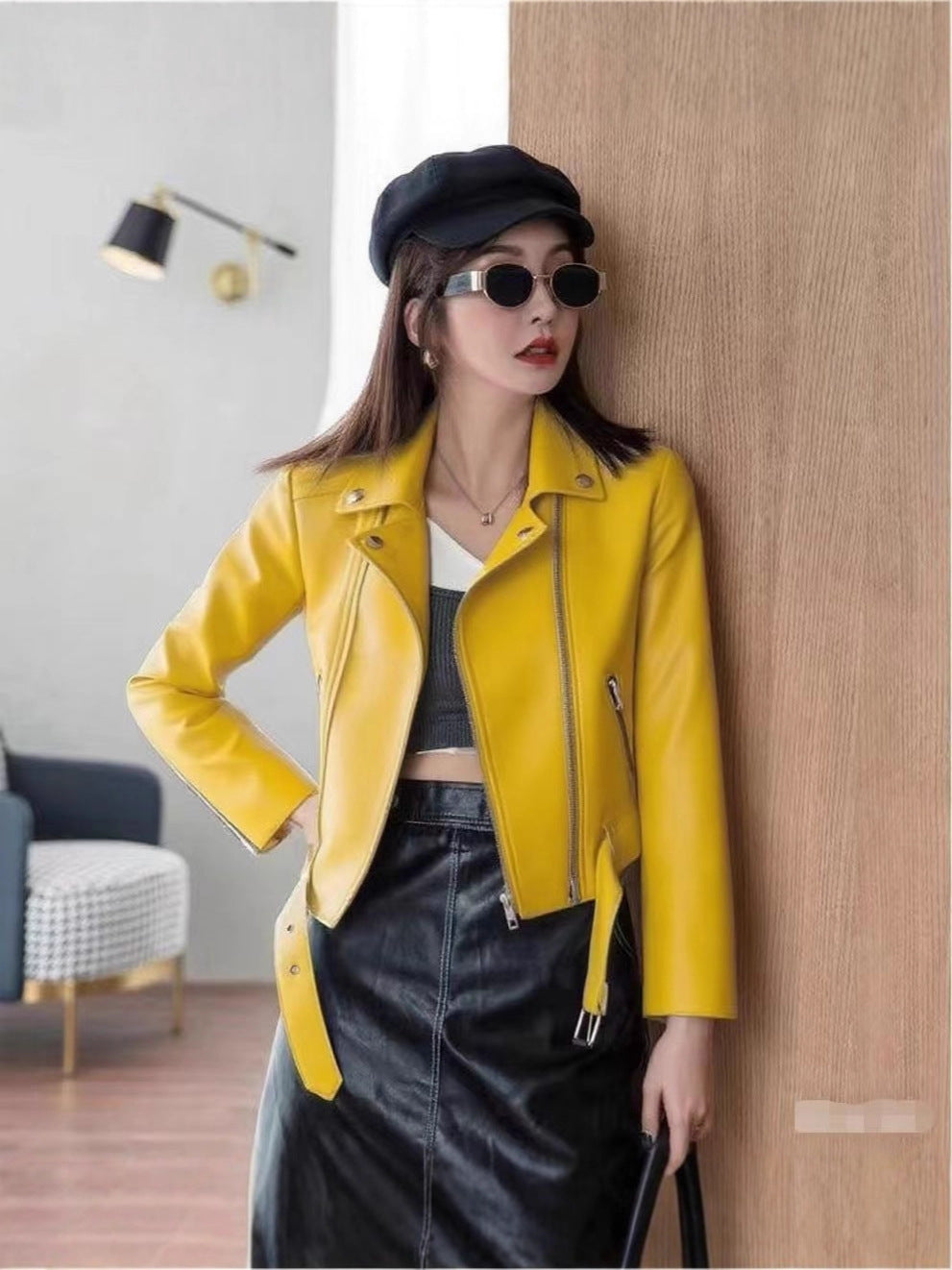 2025 Spring and Autumn New Yellow Women's Leather Jacket Large Size Women's Jacket Short Women's Leather Jacket Motorcycle Wholesale