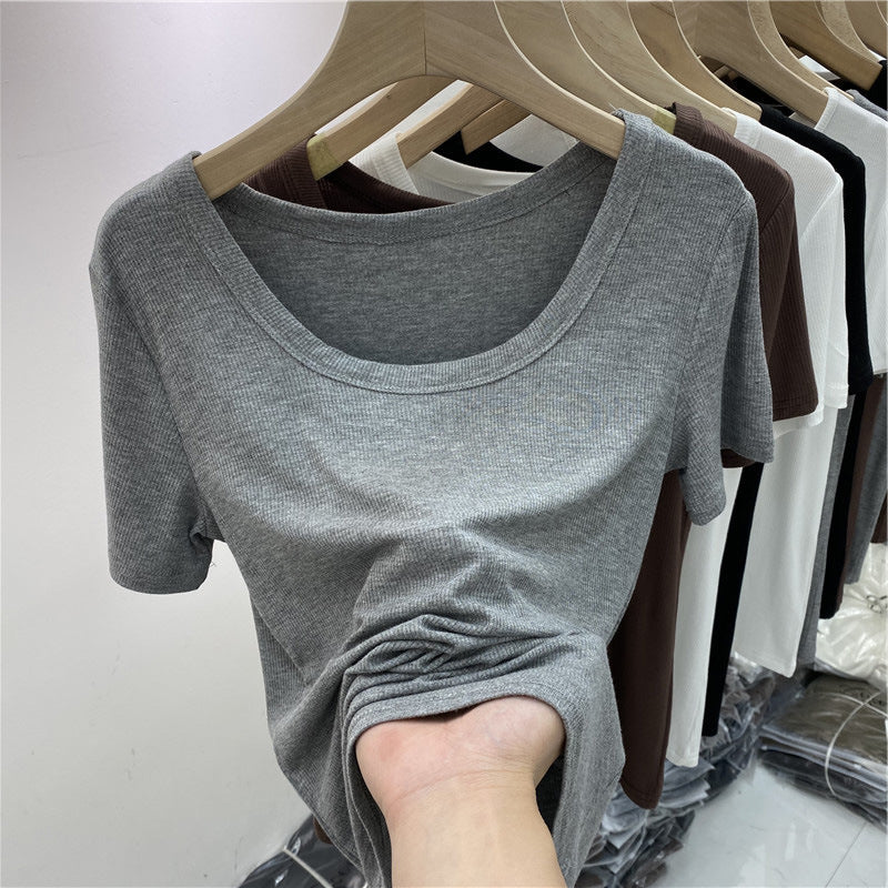 Versatile Ribbed Elastic Short-Sleeve T-Shirt for Women, Summer 2026, Round Neck, Slim Fit, Solid Color Base Shirt Top