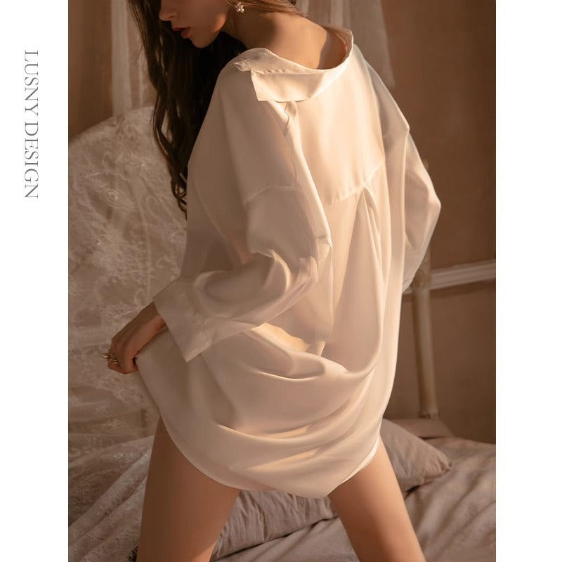 Sexy Pajamas Spring and Summer Boyfriend Style Shirt Temptation Ice Silk plus size Pure Desire Thin Autumn Pajamas for Women