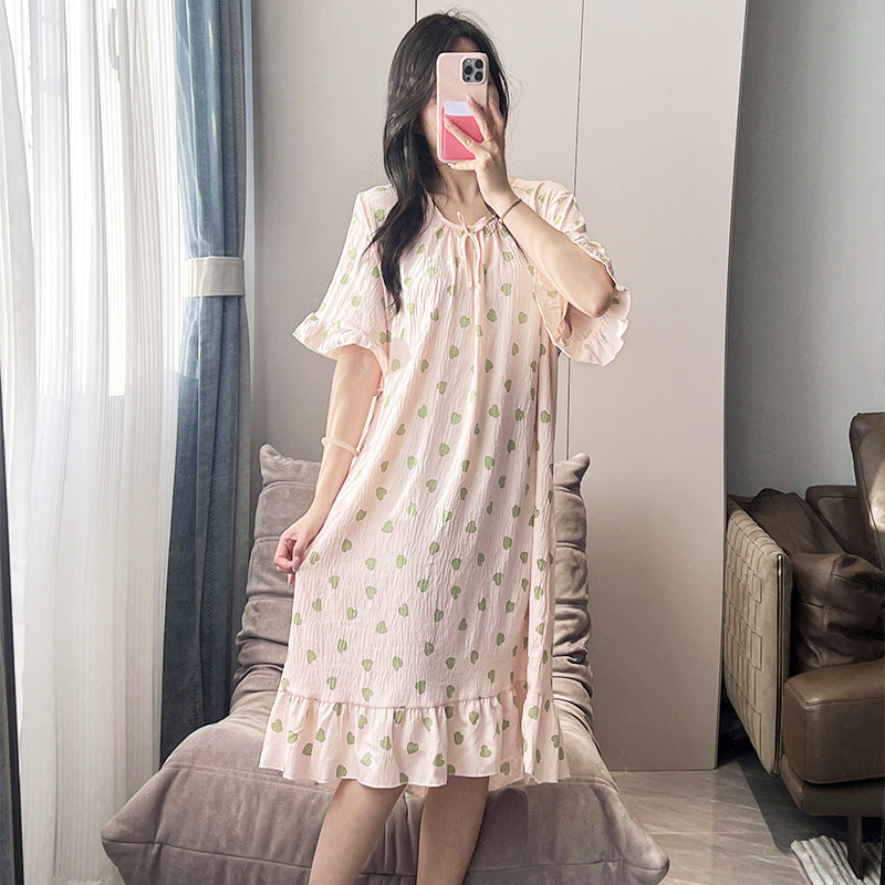 Pajamas women's close-fitting cloud cotton comfortable long short sleeve printed simple casual dress nightgown manufacturers wholesale